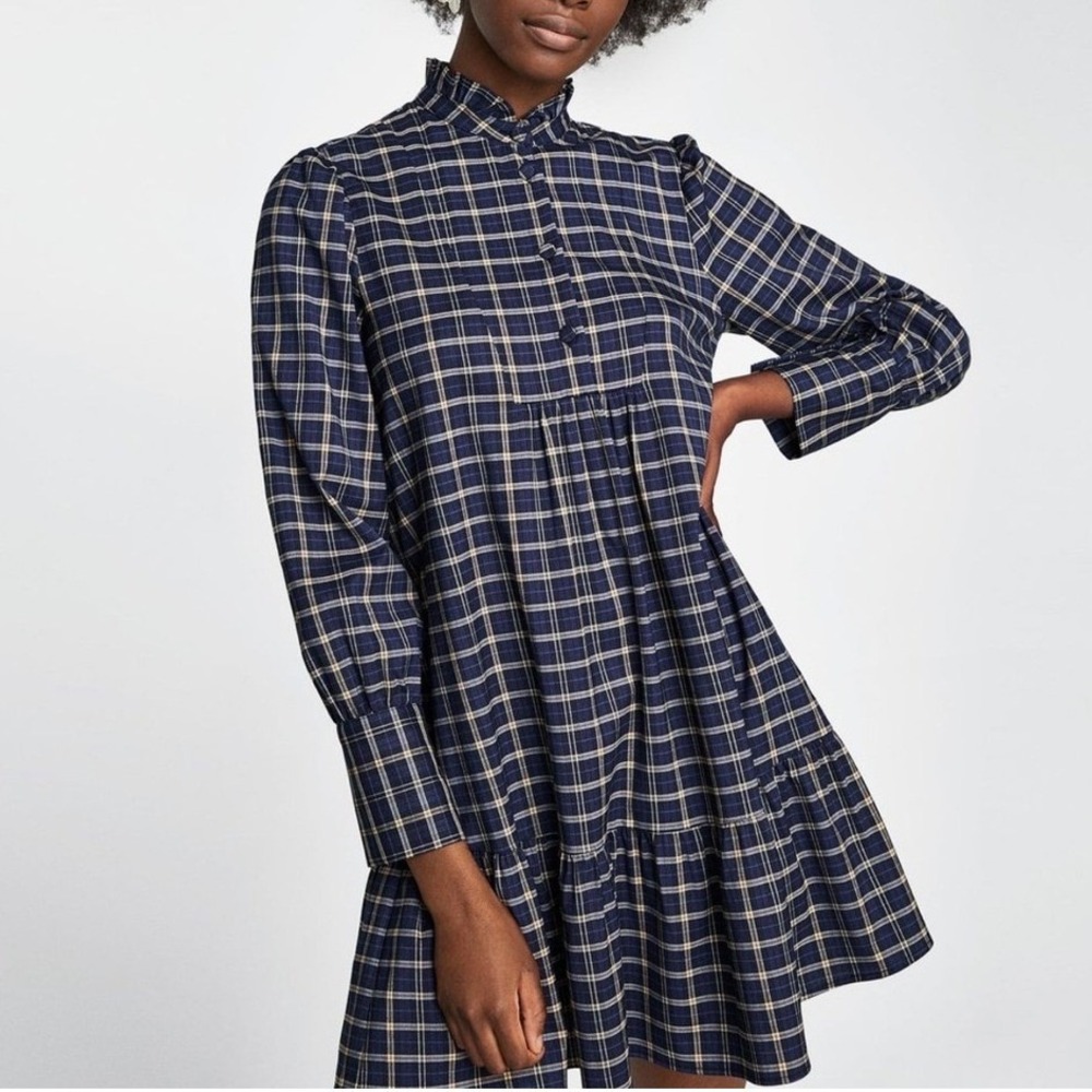 Zara Woman Blue Plaid Ruffle Neck Tiered Mini Dress Navy Check Babydoll Preppy